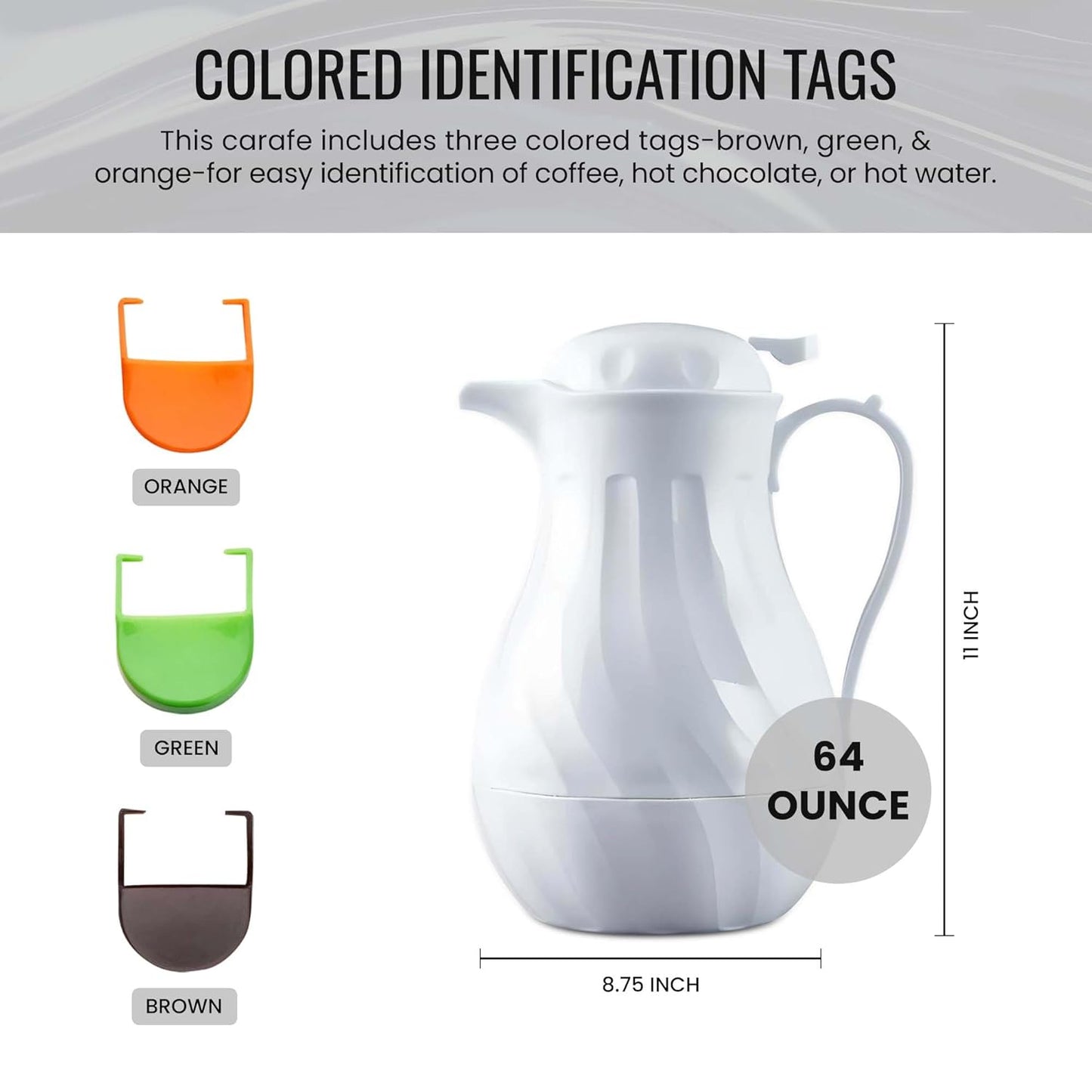OCS Parts Easy Pour Thermal Coffee Carafe | 11-Inch Insulated Hot and Cold Beverage Pitcher Server for Coffee, Tea, Hot Chocolate and Water with Colored Tags for Easy Idenfication | 64-Ounce | White