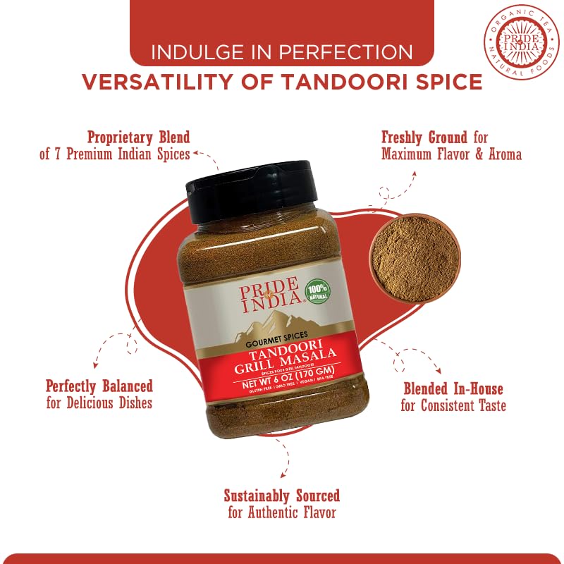 Pride of India - PACK of 6 - Tandoori Grill Masala 6 oz (170 gm) Medium Dual Sifter Bottle |Blend of Exotic & Gourmet Spices |For Vegetable, Meat & Chicken Cooking |Non-Bioengineered | Easy to Use