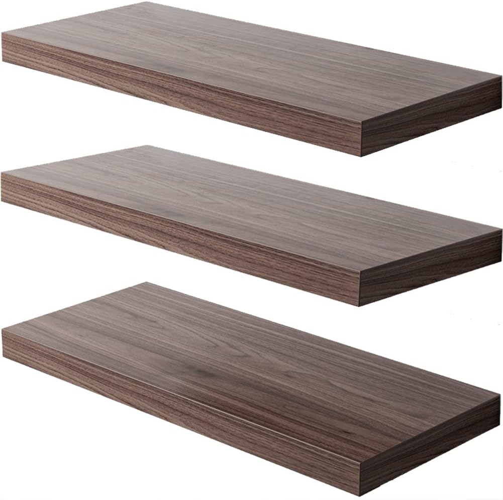 Floating Shelf, Set of 3 Wall Shelf, 24 in W x 12.75 in D x 2 in H Wooden Floating Wall Shelf with Invisible Brackets for Living Room/Bedroom/Bathroom/Kitchen Storage and Decor, Walnut