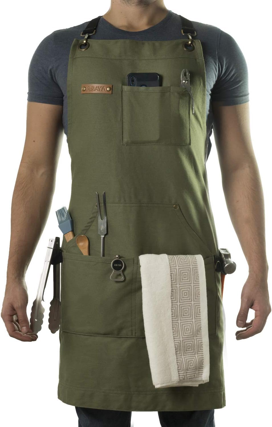 Asaya Chef and BBQ Apron with Bottle Opener and Hand Towel - 10oz Cotton Canvas, Stainless Steel Hardware - Cross Back Straps