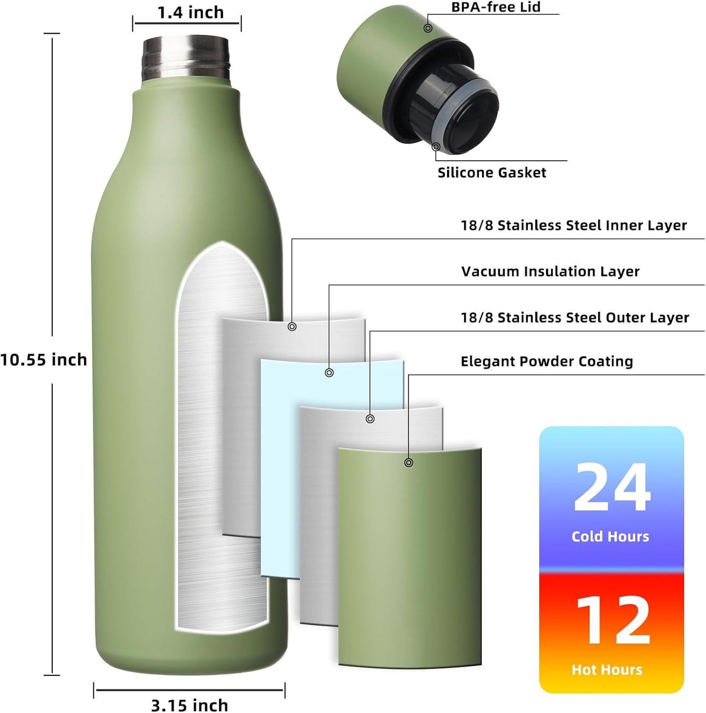 BJPKPK Insulated Water Bottles, 25 oz Stainless Steel Metal Water Bottle with Strap, BPA Free Leak Proof Thermos, Mugs, Flasks, Reusable Water Bottle for Sports & Travel, Forest Green