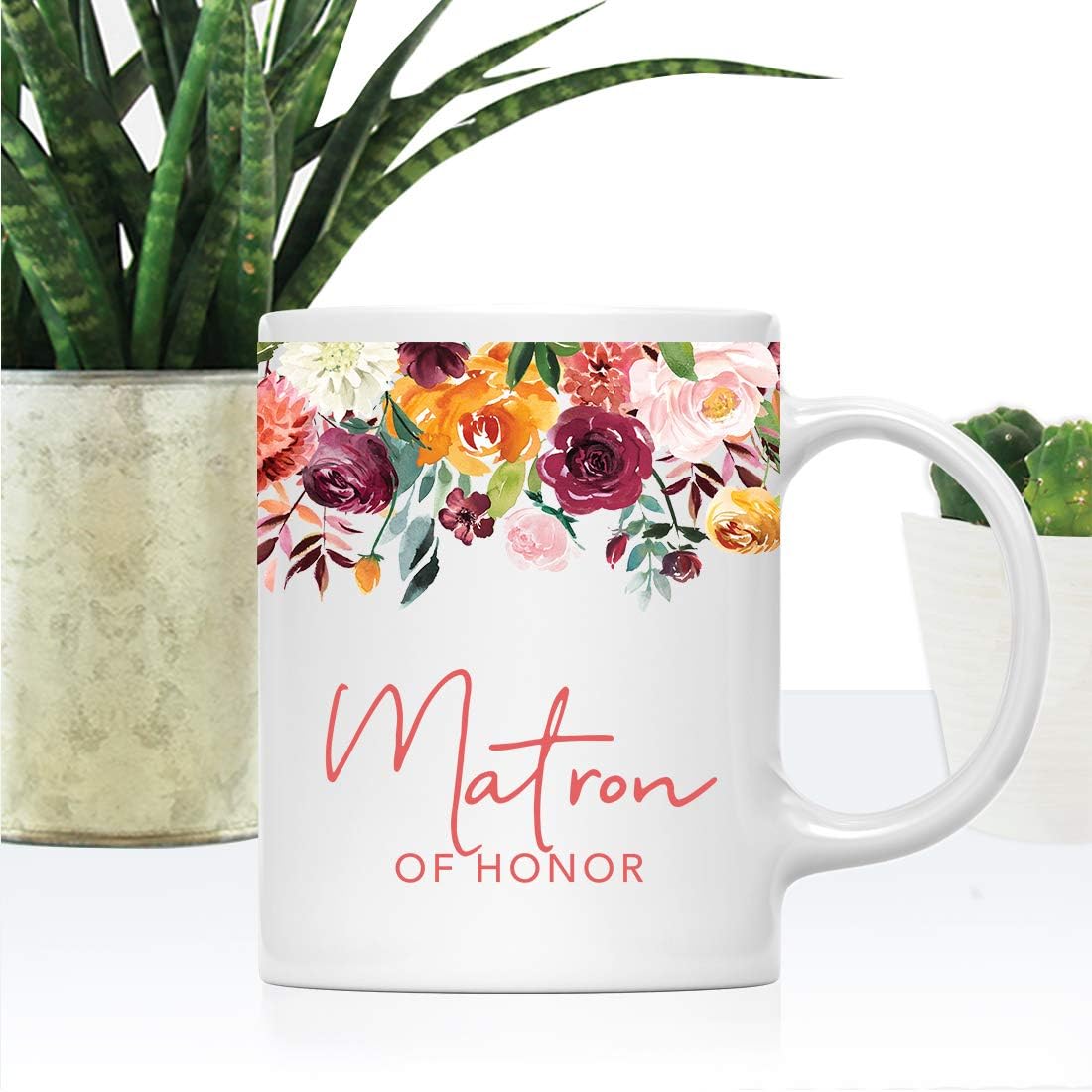 Andaz Press 11oz. Wedding Ceramic Coffee Tea Mug Gift, Fall Autumn Burgundy Orange Peach Flowers Roses Florals, Matron of Honor, 1-Pack, Includes Gift Box