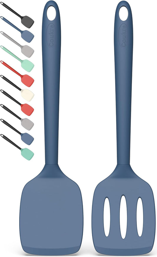 Coukre 2 Pack Silicone Spatula Set, High Heat Resistant, BPA Free Kitchen Spatula, Solid & Slotted Turner for Non-Stick Pans, Saut?ing, and Flipping (2, PureDarkBlue)
