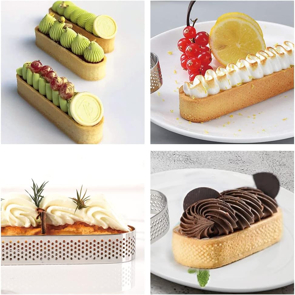 Guowall 6 pack Perforated Oval Tart Rings 304 Stainless Steel Pastry Mould 5 inch Cake Molds for Baking, Nonstick Fruit Tarte Crust Tools (13cm)
