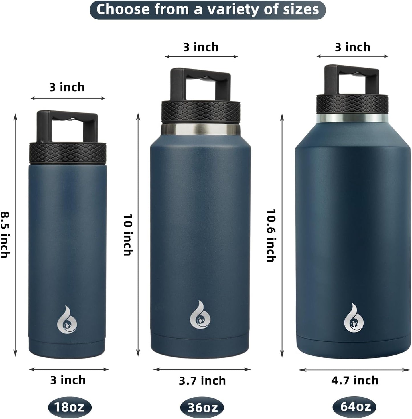 BJPKPK Insulated Water Bottles, Dishwasher Safe 36 oz Water Bottle with Handle, Leakproof BPA Free Water Jug, Stainless Steel Thermos for Sports, Navy Blue