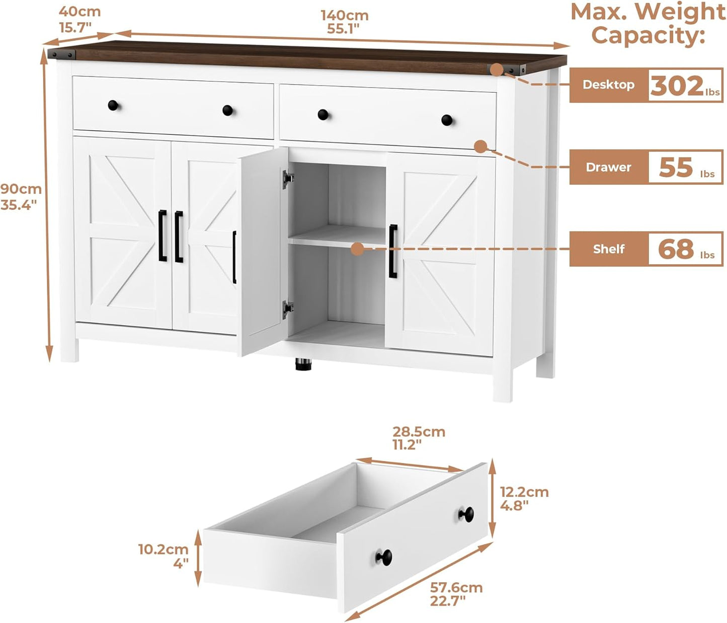 55" Sideboard Buffet Cabinet with Storage, Coffee Bar Cabinet with 2 Drawers and 4 Barn Doors, Long Storage Cabinet Modern Farmhouse, White Wood, for Kitchen, Dining Room, Living Room