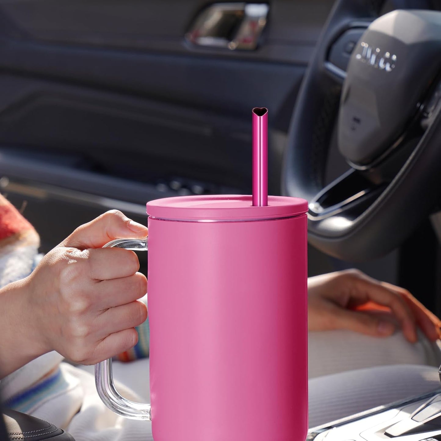 NiHome 10-Pack Heart-Shaped Stainless Steel Drinking Straws with 2 Cleaning Brushes, 12" Long Reusable Straws for Stanley Tumbler 30oz 40oz, Dishwasher Safe, Safe Edges for Kids (Pearl Hot Pink)