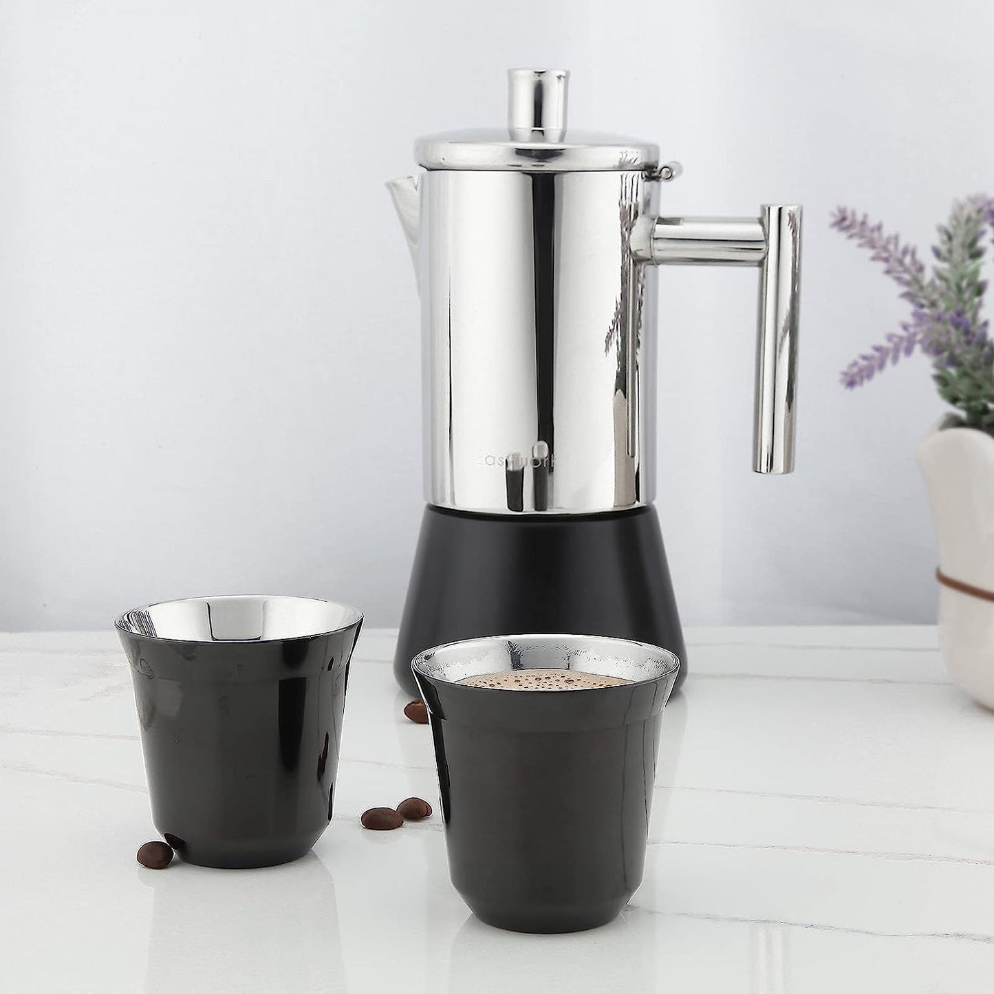 Easyworkz Stainless Steel Espresso Cup 2pcs Set Double Wall Insulated Metal Demitasse Cups (Black, 5 oz)