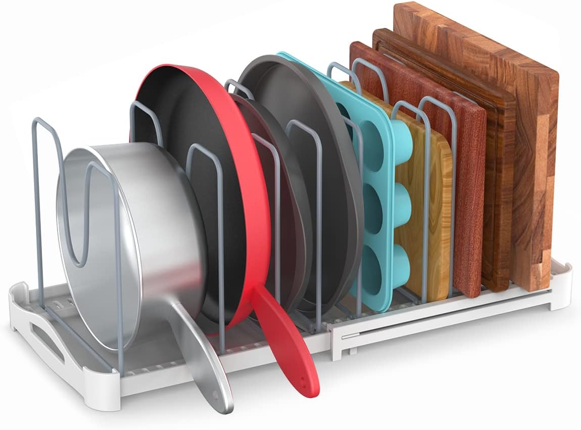 EVERIE Adjustable Bakeware Organizer Pot Lid Holder Rack for Pots, Cake Molds, Cutting Boards, Mats, Cookware, GS02SS, Pack of 2