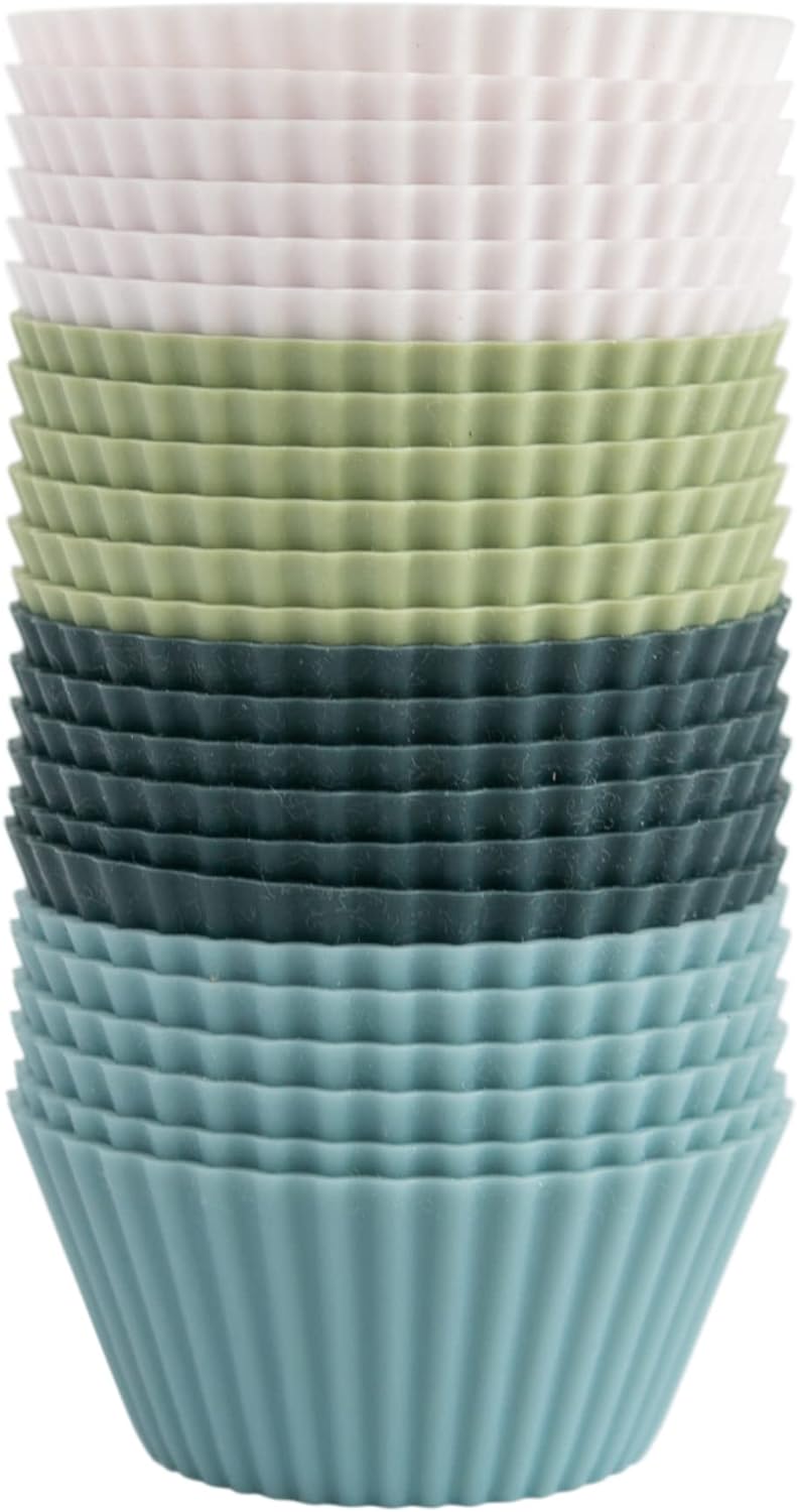 The Silicone Kitchen Reusable Silicone Baking Cup Silicone Muffin Liners for Cupcakes, BPA Free, Regular, 24 Pack, White Blue Green