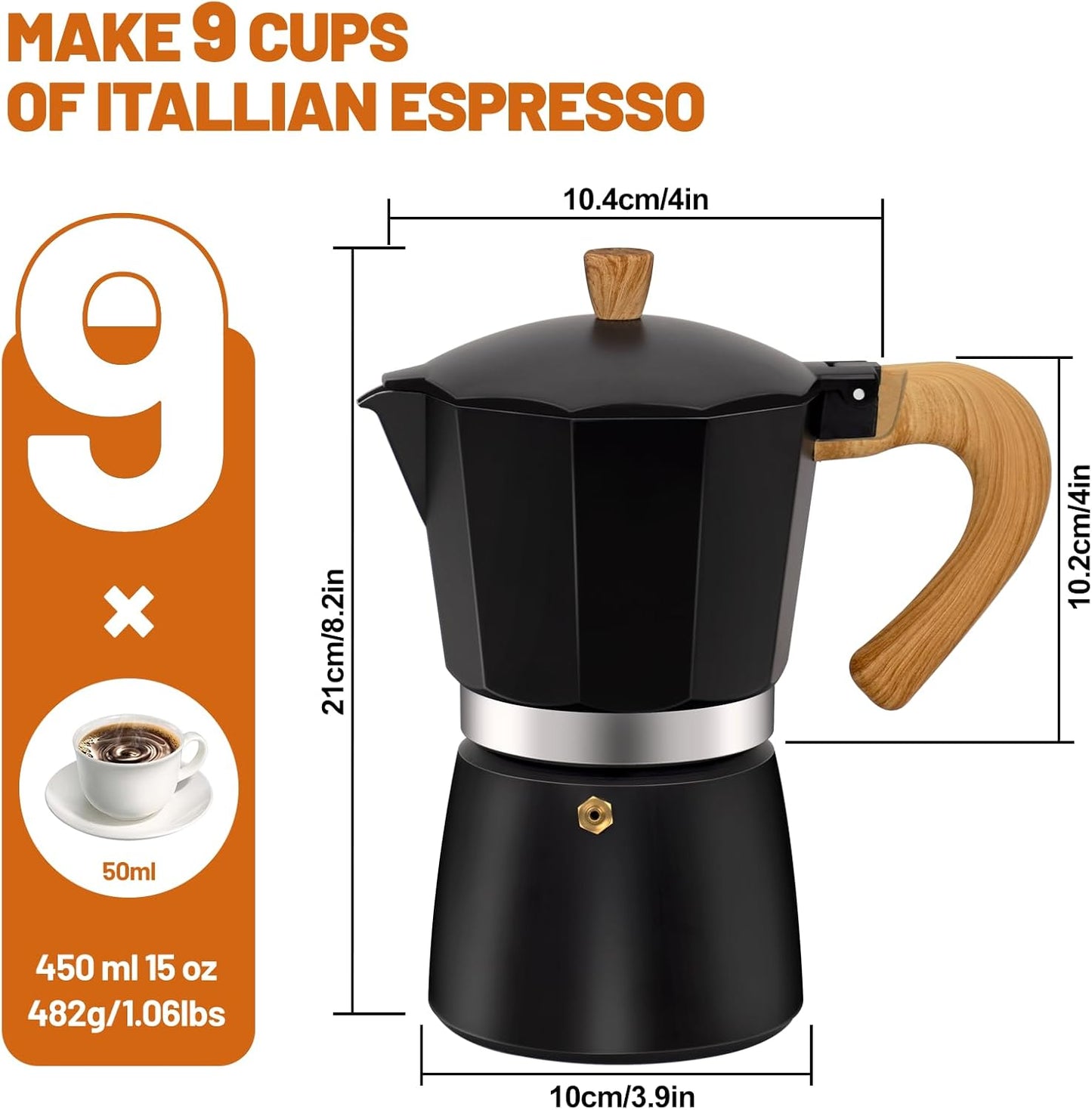 9 Cup Aluminum Espresso Stovetop Moka Pot Express Coffee Maker Percolator Italian Classic Mocha Coffee Machine for Italian and Cuban Cafe Brewing for Home & Camping 450ml 15oz