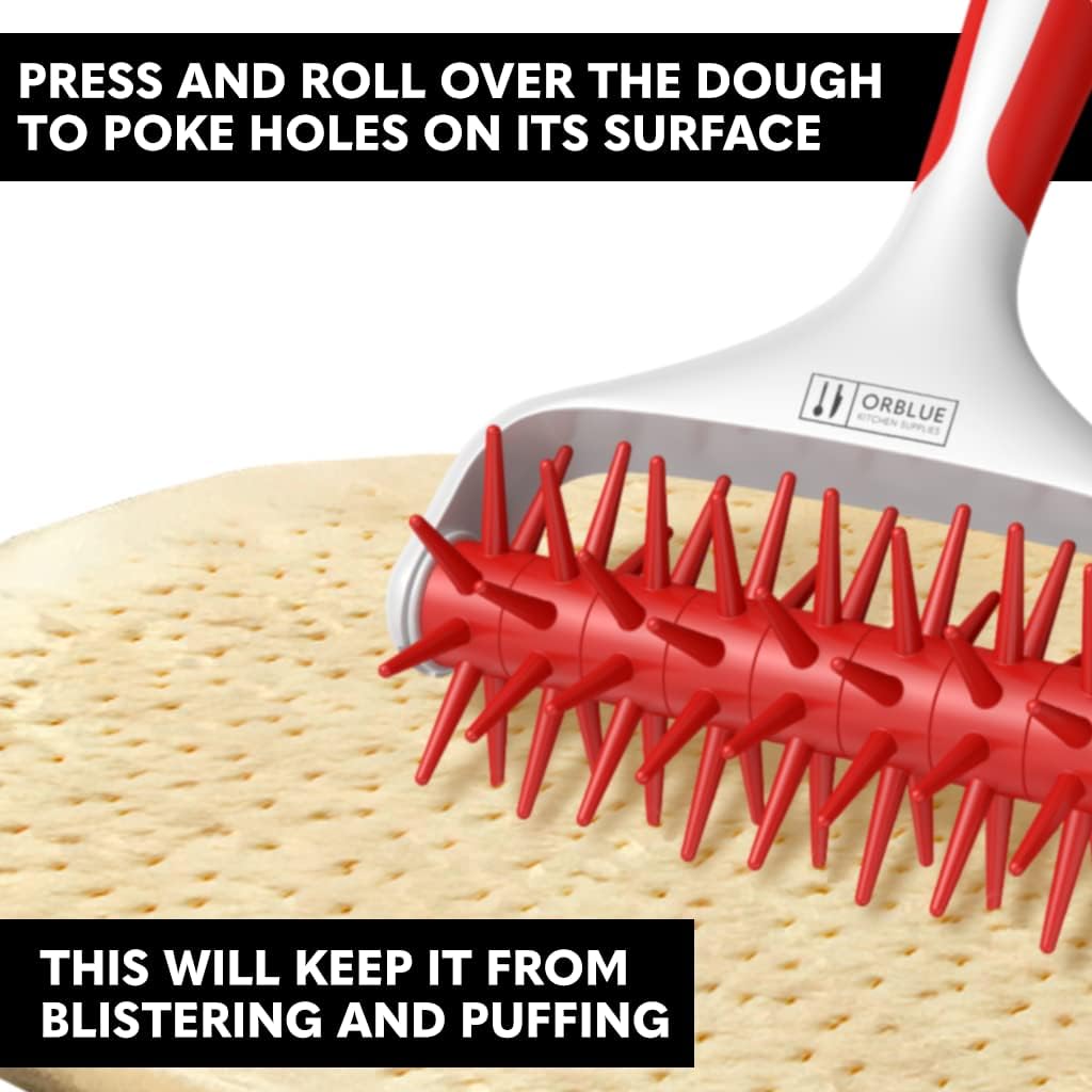 Orblue Pizza Dough Docker, Pastry Roller with Spikes, Pizza Docking Tool for Home & Commercial Kitchen - Pizza Making Accessories that Prevent Dough from Blistering, Red
