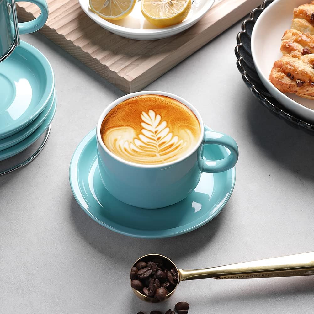 Sweejar Porcelain Cappuccino Cups with Saucers and Metal Stand, 8 Ounce Stackable Espresso Cups for Specialty Coffee Drinks, Latte, Americano, Tea - Set of 4 (Turquoise)