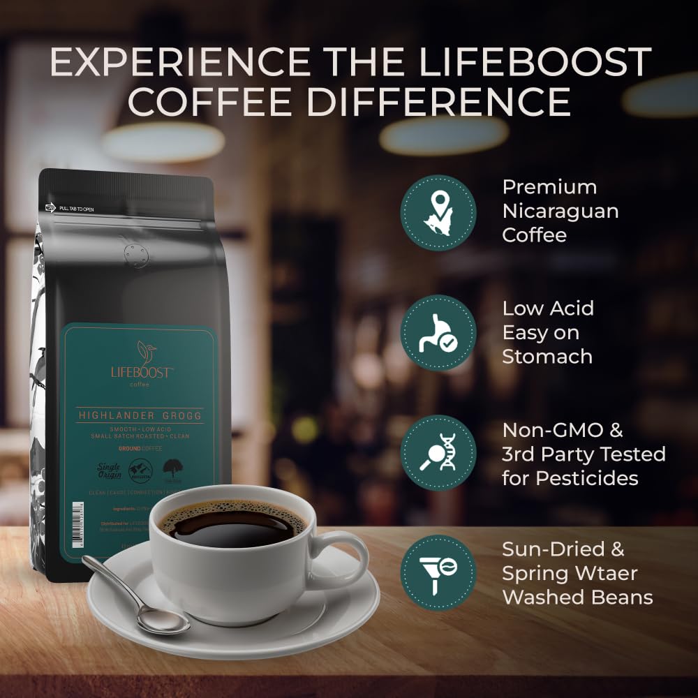 Lifeboost Highlander Grogg Coffee Ground - Low Acid Single Origin Flavored Coffee - Non-GMO Highlander Grogg Ground Coffee Third Party Tested For Mycotoxins & Pesticides - 12 Ounces