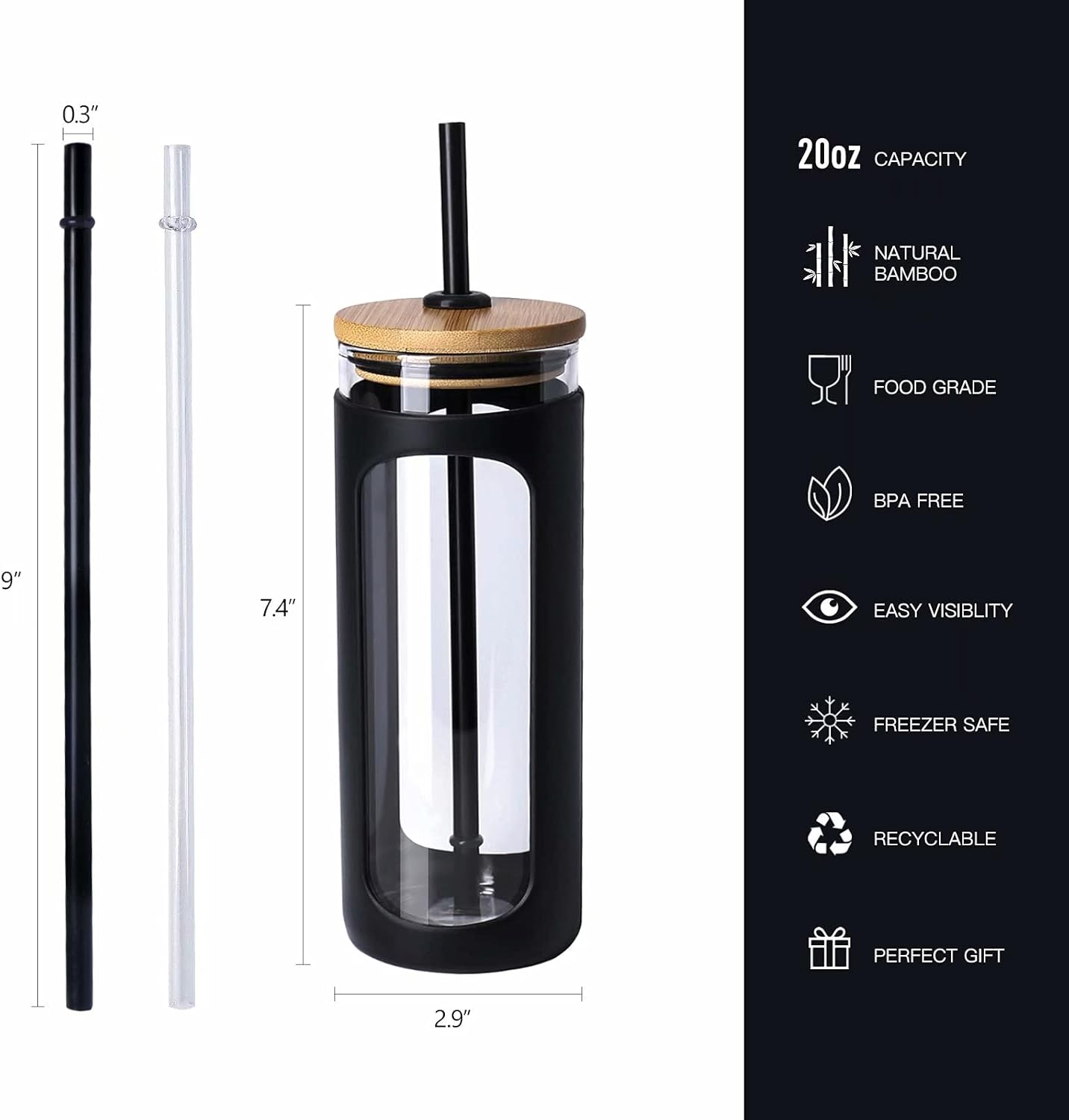 Kodrine 20oz Glass Tumbler with Straw and Lid, Bamboo Lids Water Bottle, Reusable Iced Coffee Cups, Wide Mouth Smoothie Cup with Protective Silicone Sleeve BPA FREE-Black+Amber-2pack