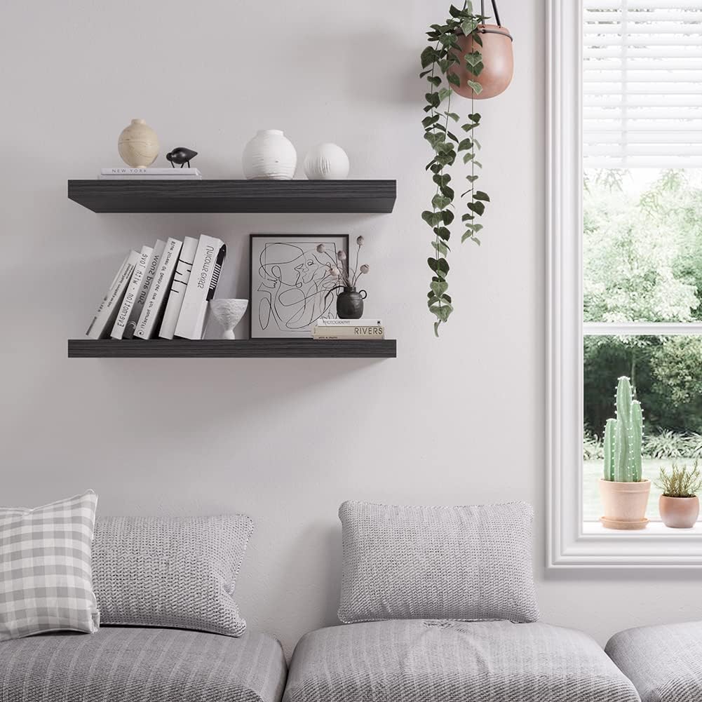 Floating Shelf, Set of 1 Wall Shelf, 36 in W x 12.75 in D x 2 in H Wooden Floating Wall Shelf with Invisible Brackets for Living Room/Bedroom/Bathroom/Kitchen Storage and Decor, Black Wood