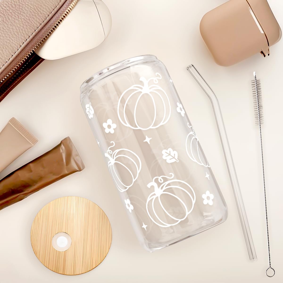 Pumpkin 16oz Can Glass Tumbler with Acrylic Lid & Straw, Iced Coffee Cup for Women Girls, Fall Aesthetic Cups Gifts
