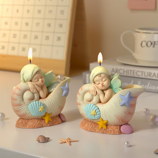 Fantasy Angel Conchs Shell Candle Silicone Mold ? Cute Kawaii Seashell Sleeping Fairy Baby Epoxy Resin Mold for Aromatherapy Candle Making, DIY Crafts, Soap, Wax, Clay Desktop Decor