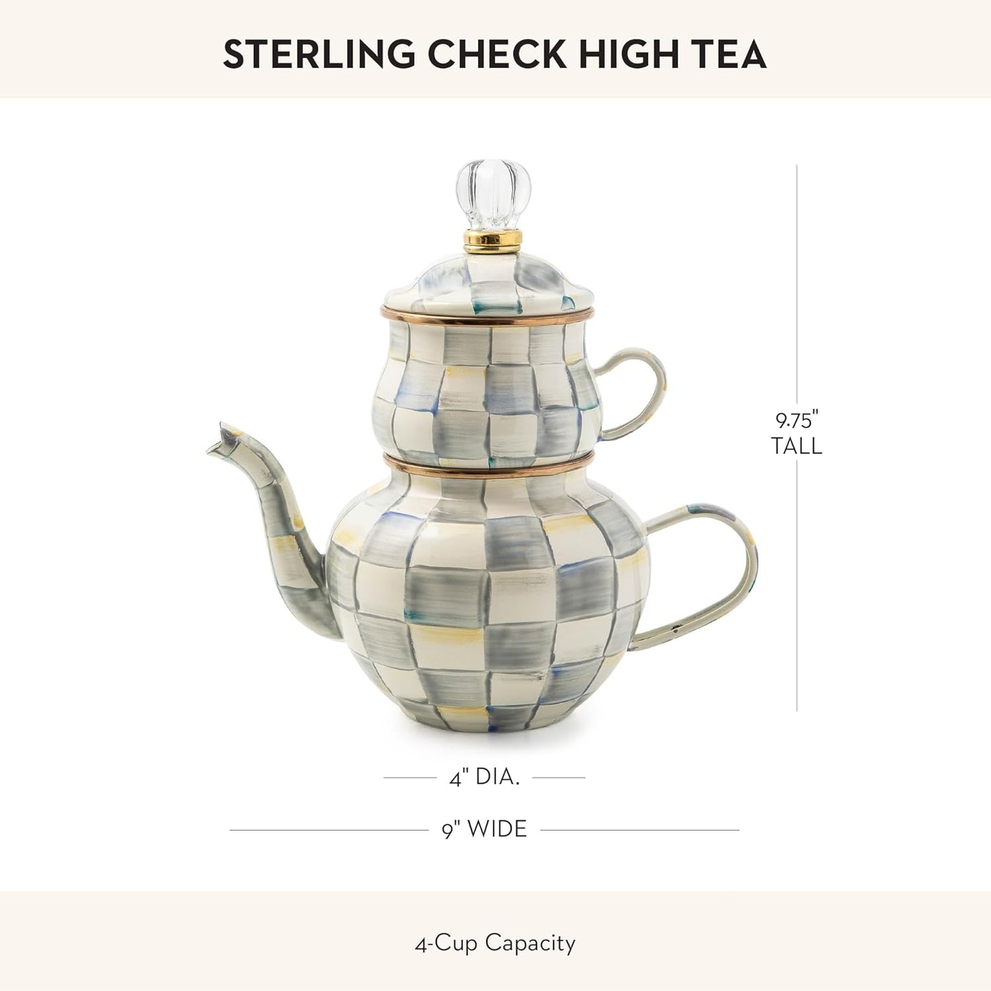 MACKENZIE-CHILDS Enamel High-Tea Teapot, Cup, and Lid, Cute Teapot and Teacup Combo, Gray-and-White Sterling Check