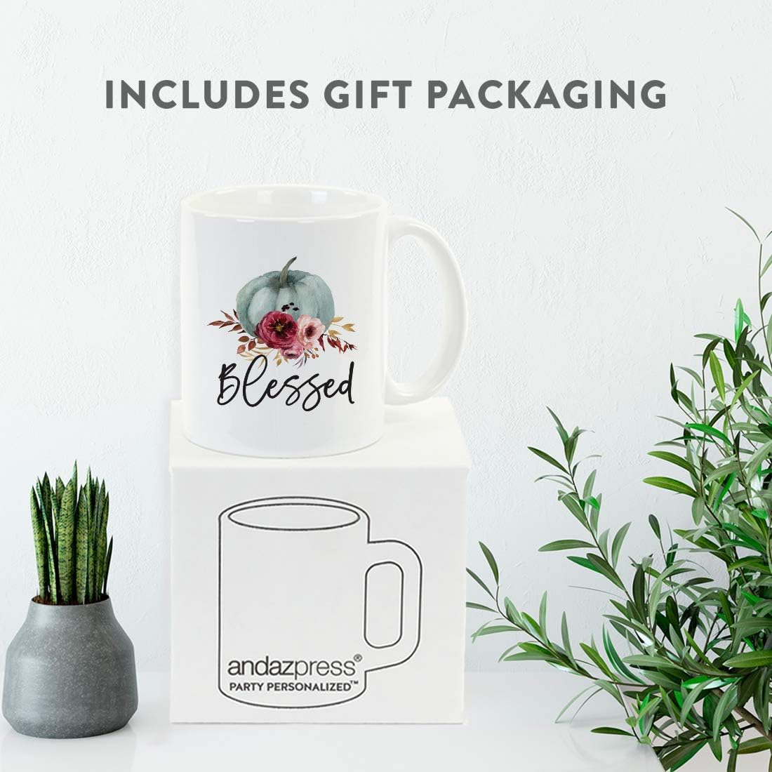 Andaz Press Fall Burgundy Marsala 11oz. Ceramic Coffee Tea Mug, Blessed, 1-Pack, Pumpkin Floral Graphic, Birthday, Friend, Family, Coworker, Autumn Season, Festive Thanksgiving Ideas