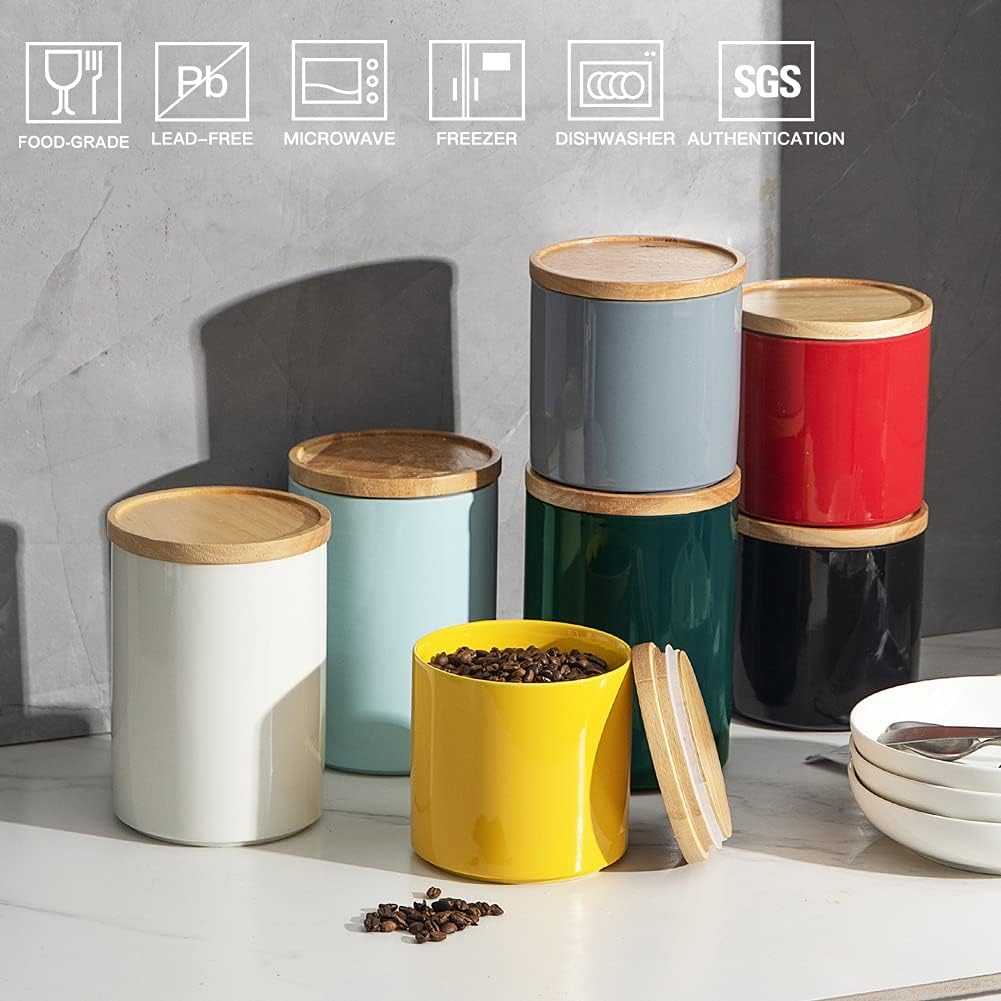 Sweejar Kitchen Canisters Ceramic Food Storage Jar, Stackable Containers with Airtight Seal Wooden Lid for Serving Coffee Bean, Flour, Tea, Spice and More - 39 Fl Oz (Yellow)