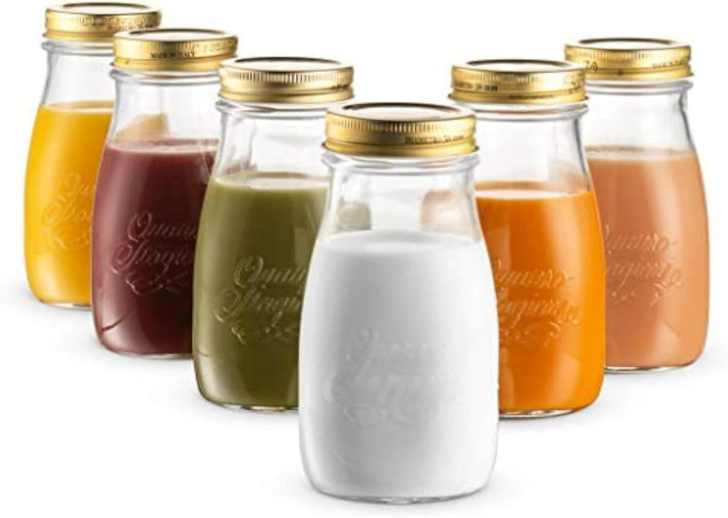 Bormioli Rocco Quattro Stagioni Small Bottles, Set of 6-6.75 Oz. Embossed Reusable Glass Jars with Airtight Lid, For Food Prep, Sauces, Gifts & Crafts - Round Bottle Containers, Made in Italy