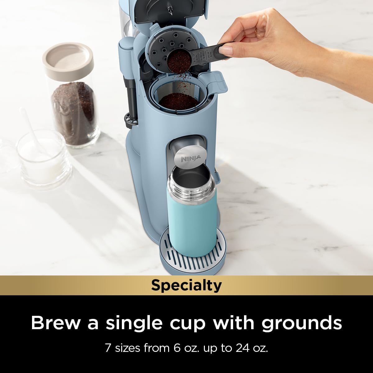 Ninja Pod & Grounds Specialty XL Single-Serve Coffee Maker, K-Cup Pod Compatible, Brews Grounds, Compact Design, Built-In Milk Frother, 68-oz. Reservoir, 6oz. Cup-24oz. Mug Sizes, Denim Blue, PB055ABL