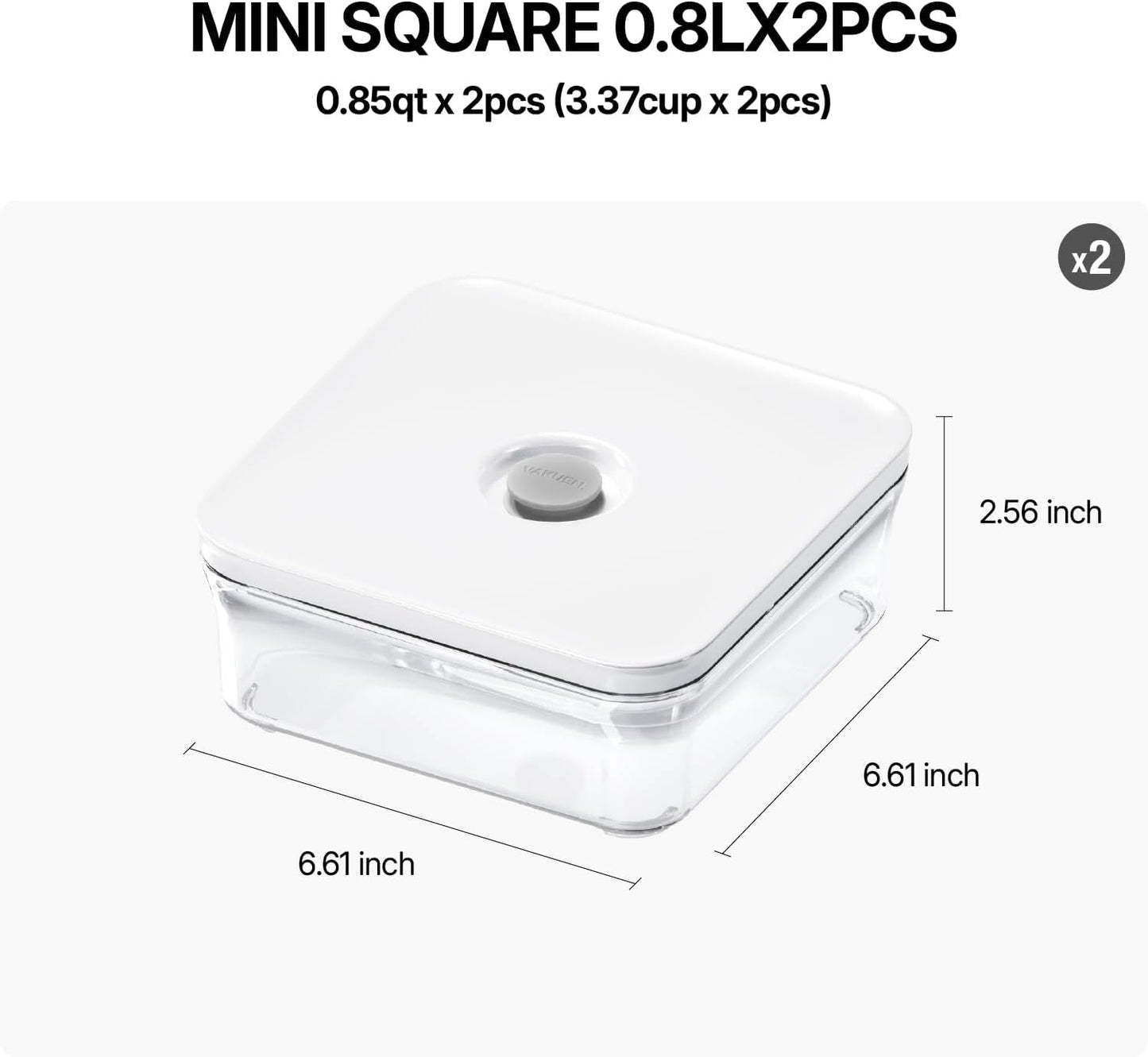 VAKUEN Premium Airtight Food Storage Containers, Mini Square 2pc/set(0.85qt), Smart One-Click Seal Lid, No Hinges, 100% Leak Proof, BPA-FREE, Dishwasher, Freezer & Microwave Safe
