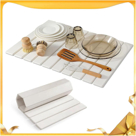 Stone Drying Mat for Kitchen Counter, 24"¡¿16" Collapsible Diatomaceous Earth Dish Drying Mats, Fast Absorbent, Large Quick-drying Draining Mat for Dishes Cookware Cups Bathroom Any Countertop