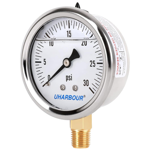 Glycerin Filled Pressure Gauge with 304 Stainless Steel Case, 2.5" Dial Size, 0-30Psi, High Accuracy, 1/4" NPT Center Lower Mount with Single Scale (psi).¡¦