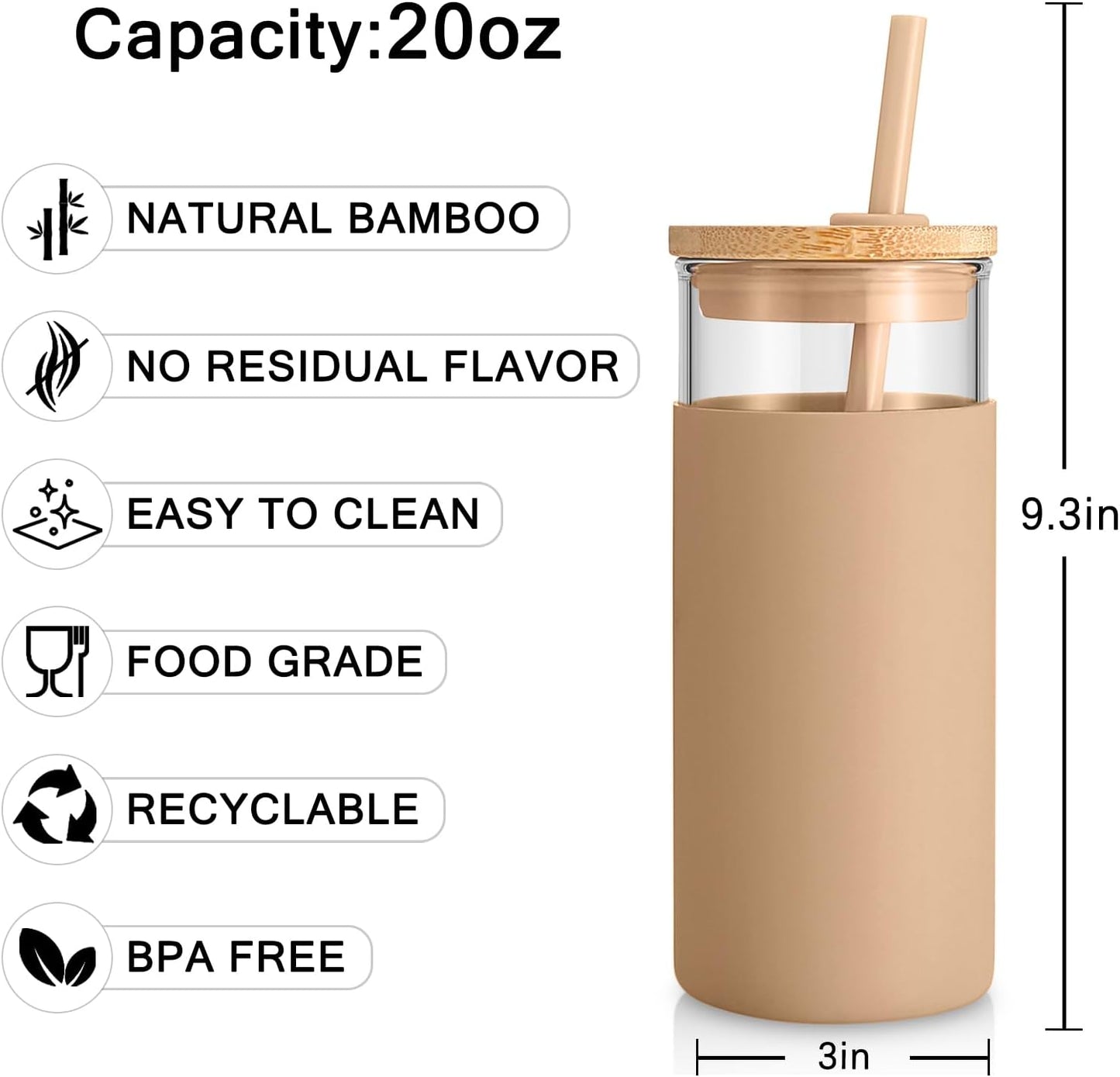Tronco 20 oz Glass Tumbler Glass Water Bottle Straw Silicone Protective Sleeve Bamboo Lid - BPA Free - Amber/ 8 Pack