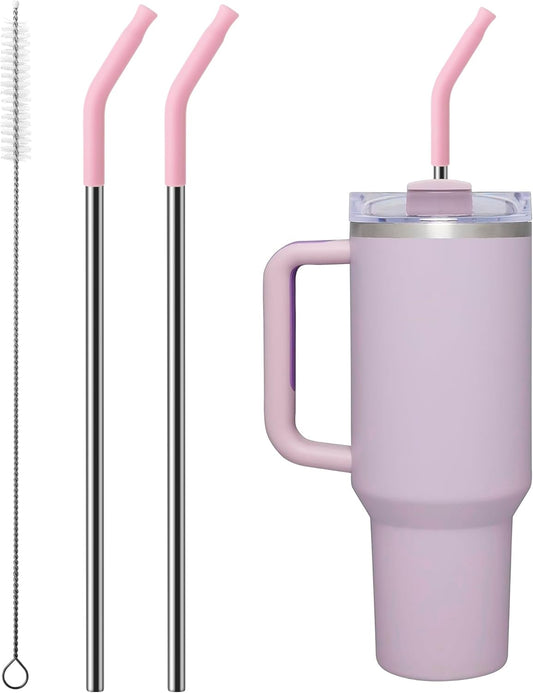 Metal Straw with Silicone Tip for 40oz Stanley Cup, 2 Pcs Stainless Steel Straws Replacement for Stanley 40 oz Adventure Quencher Travel Tumbler Cup, 1 Straw Brush (Mallow Purple)