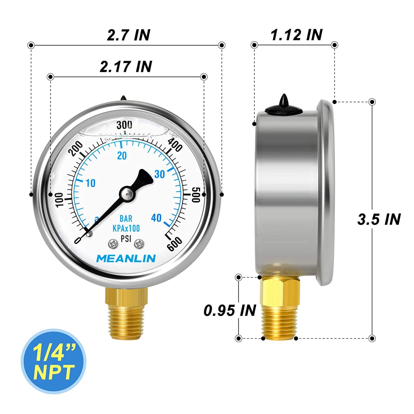 MEANLIN MEASURE 0~600Psi Stainless Steel 1/4" NPT 2.5" FACE DIAL Liquid Filled Pressure Gauge WOG Water Oil Air Lower Mount, with 1/4" x 1/2" NPT and 1/4" x 3/8" NPT Hex Bushing