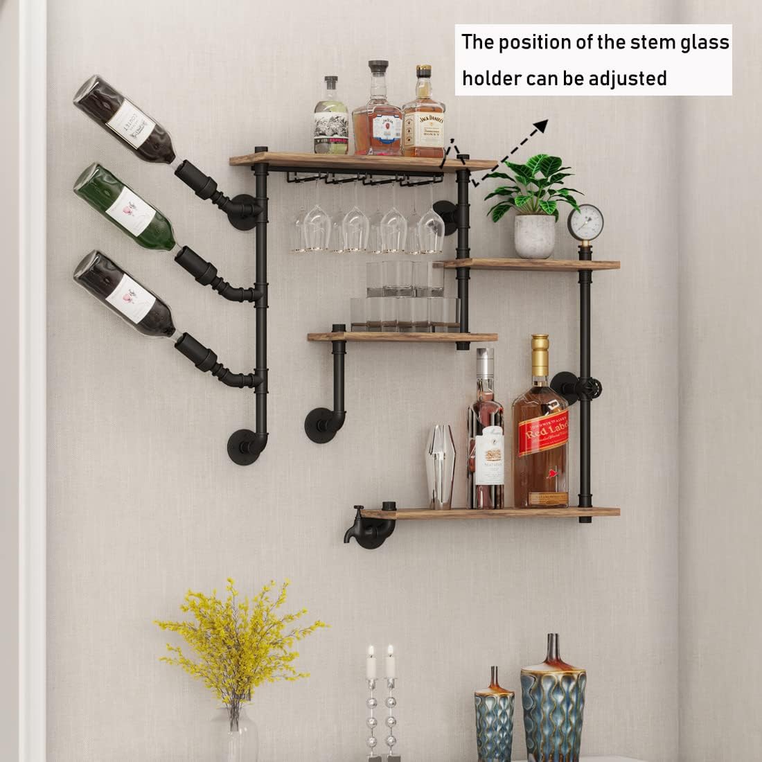 Wall Bar Shelves Industrial Pipe Shelving with 4 Stem Glass Holder, 4-Tiers Rustic Floating Wine Rack Wall Mounted Bar liquor Shelf, 42 in Hanging Wood Shelves Glass Rack, Living Room Kitchen Decor