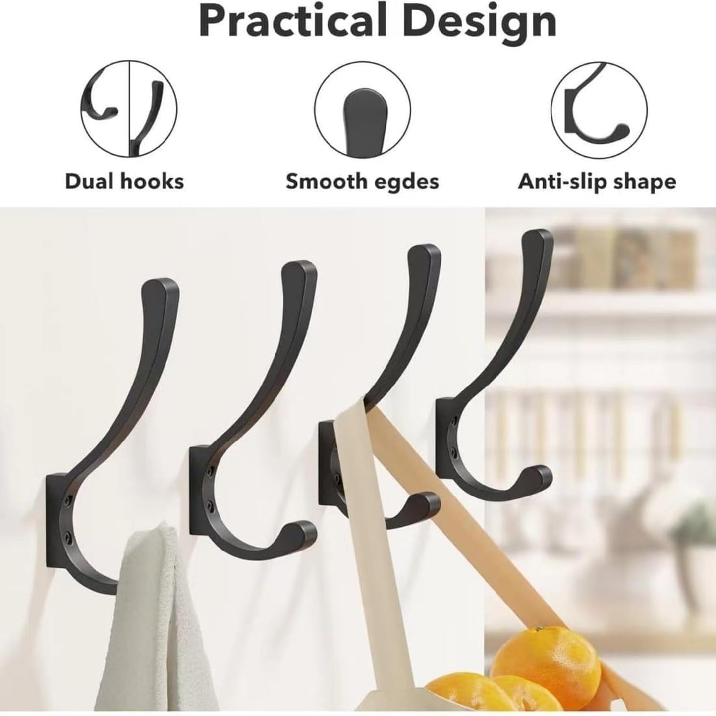 4 Pack Hanging Coat Hooks Wall Mount, Coat Hanger Wall Hangers, Metal Hooks for Hanging Heavy Duty, Screw in Hooks for Hanging Towels, Clothes, Backpack, Hat, Bag, Jacket, Key, Robe, Backpack Black