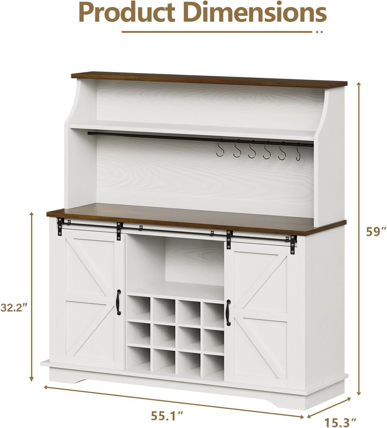 55 Inch Farmhouse Coffee Bar Cabinet with 3-Tier Storage, Kitchen Hutch with 12 Wine Racks & 3 Glass Holders, Coffee Bar with 6 Hooks, Wine Bar Cabinet for Dining Living Room, White