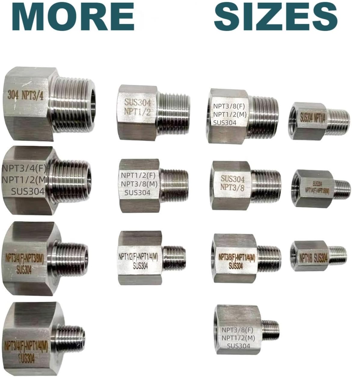 2 pieces Npt3/8 Female to Npt1/2 Male Reducer,3/8-1/2Water pipe Adapter,Reducer Adapter，Fabricate of 304 Stainless Steel