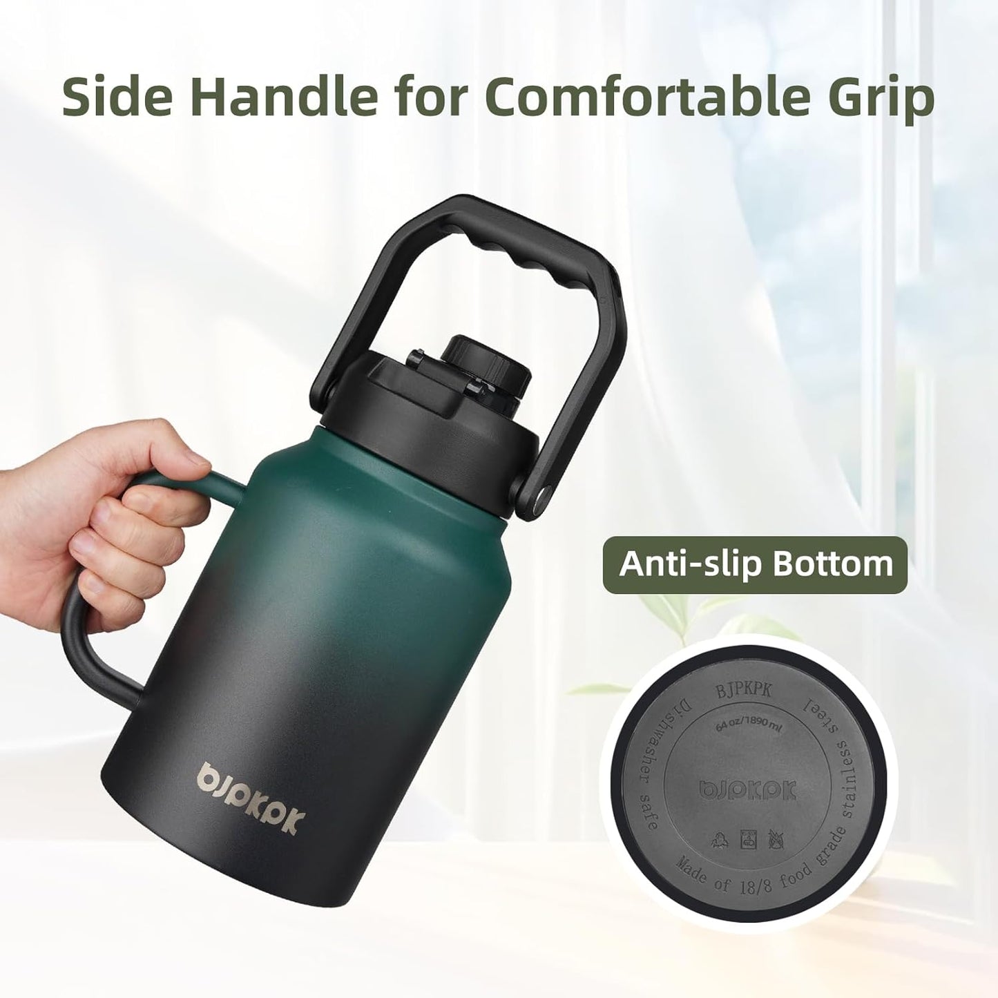 BJPKPK 64oz Insulated Water Bottle with Handle, Large Dishwasher Safe Half Gallon Water Bottle, BPA Free Water Jug, Wide Mouth Metal Water Bottle with Anti-slip Bottom, Keep Cold & Hot, Sky