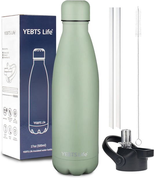 Insulated Water Bottle, 17oz Stainless Steel Water Bottles with straw lid, Metal Sports Water Bottles for Boys,Girls, Double Wall Vacuum BPA-Free Flask for School, Sports (Matcha Green)