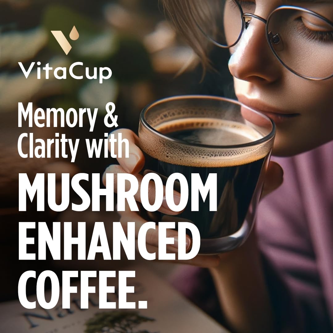 VitaCup Mushroom 커피 포드 - 사자 갈기, 차가, 비타민으로 집중력과 면역력 향상, 기억력 및 투명도, 재활용 가능한 K-Cup 포드, 16개입