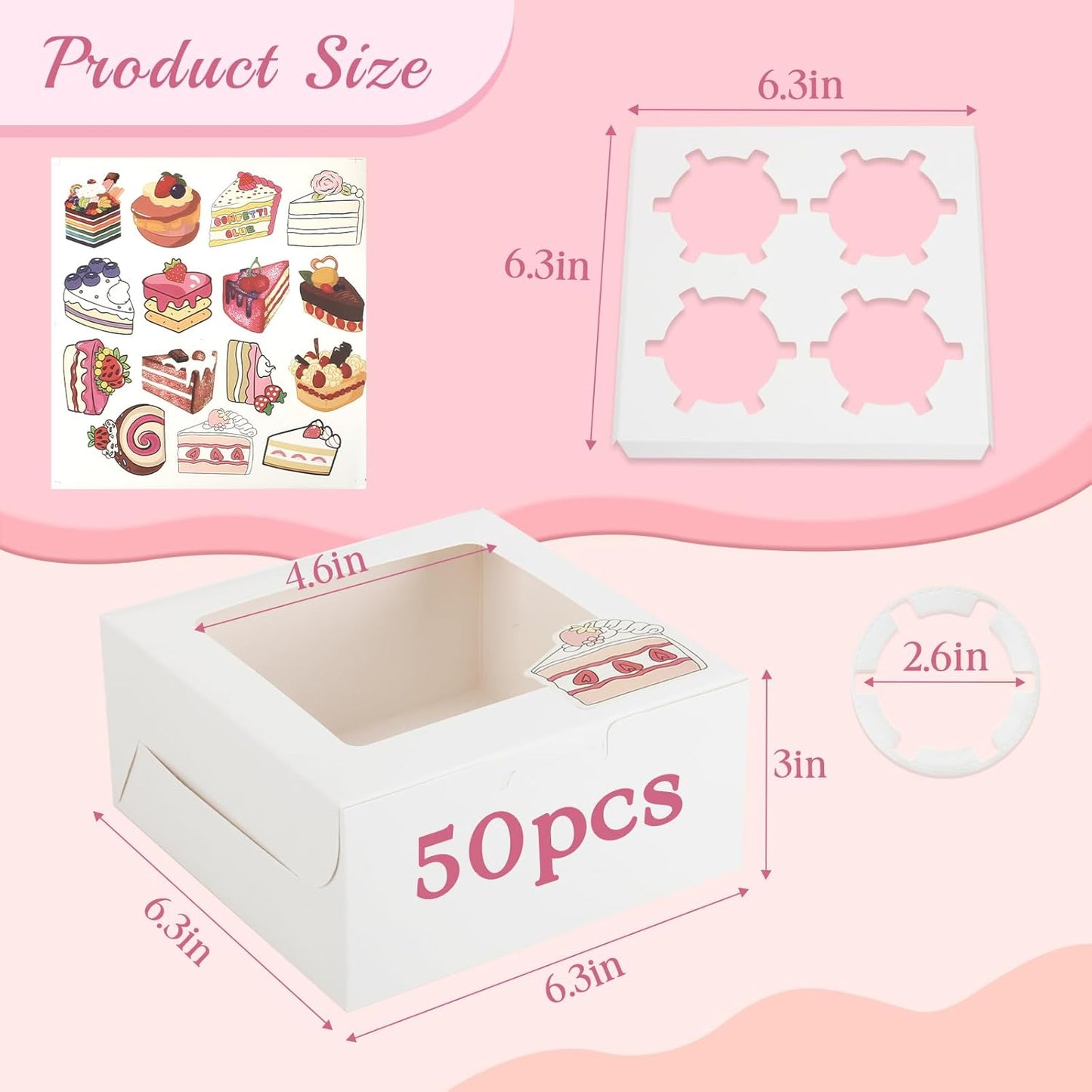OAMCEG 50 Pack Cookie Boxes with Window 6x6x3 Inches White Cupcake Boxes, Bakery Treat Boxes with Stickers & Twine for Pastry, Desserts, Strawberries, Cupcakes, Gift Giving