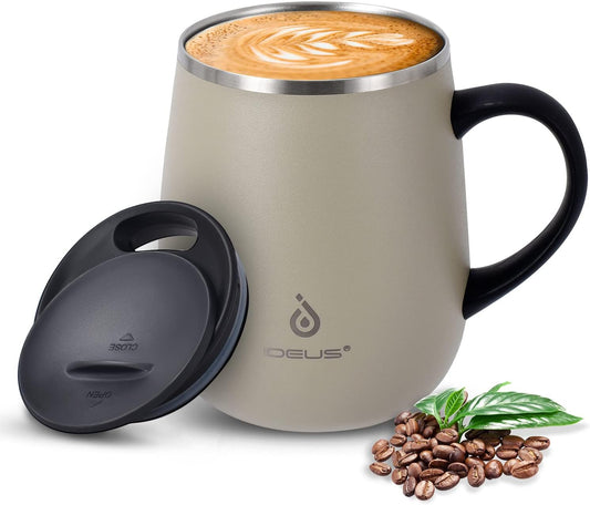 Ideus 16 oz (470 ml) Insulated Coffee Mug with Handle and Lid, Double Wall Stainless Steel Vacuum Thermal Coffee Mug, Travel Coffee Cup Thermal Cup for Home and Office (Mars Celadon)