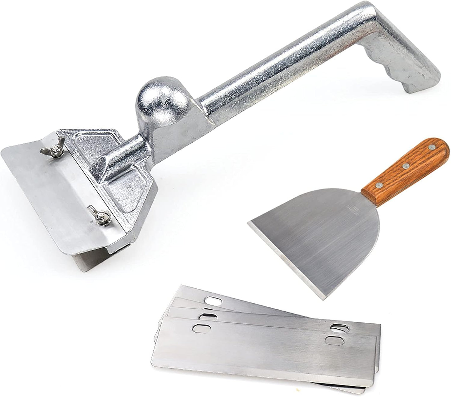 Grill Scrapers, Heavy Duty Casting Aluminum Commercial Griddle Scraper with 5 Blades and Small Slant Edge Grill Scraper
