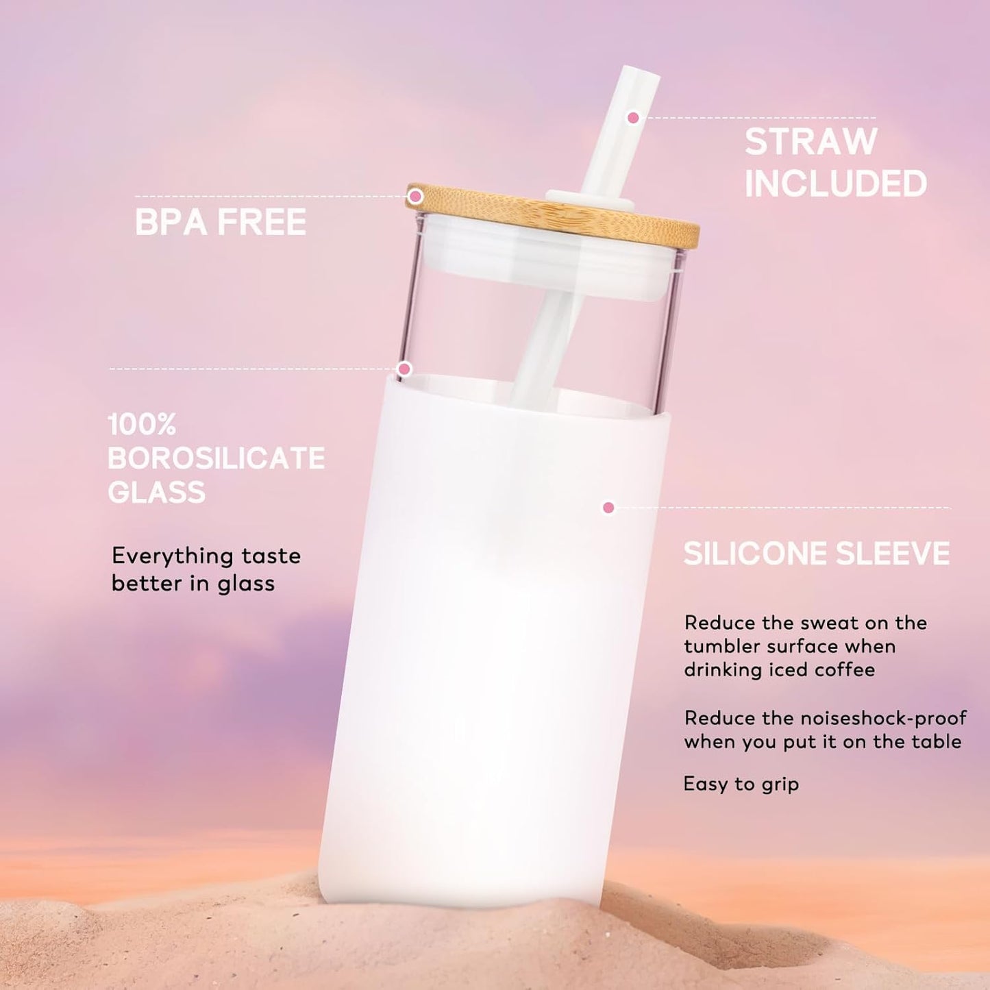 Tronco 20oz Glass Tumbler Glass Water Bottle Straw Silicone Protective Sleeve Bamboo Lid - BPA Free (French Grey/ 1 Pack)