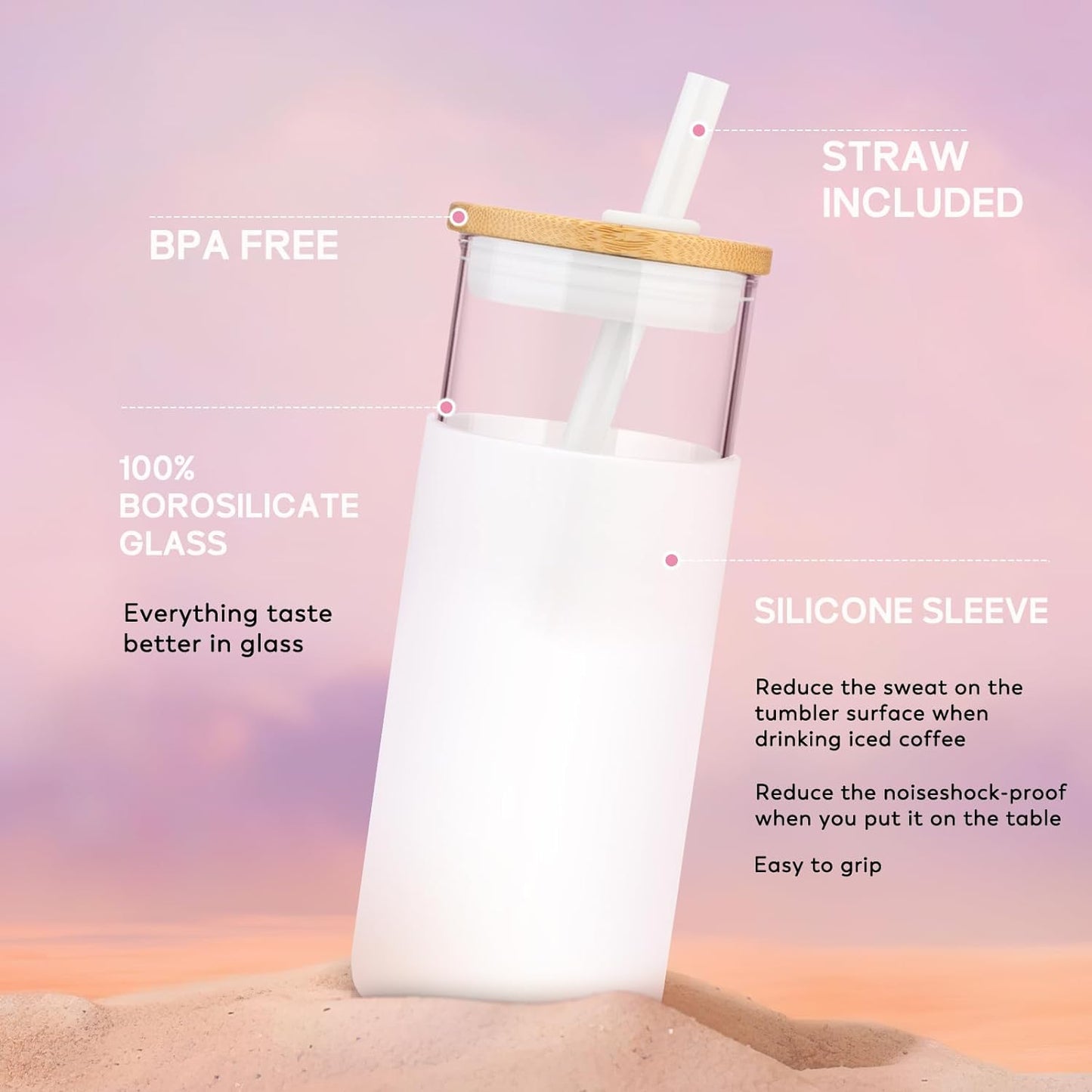 Tronco 20 oz Glass Tumbler Glass Water Bottle Straw Silicone Protective Sleeve Bamboo Lid - BPA Free (Terrazzo Blush)