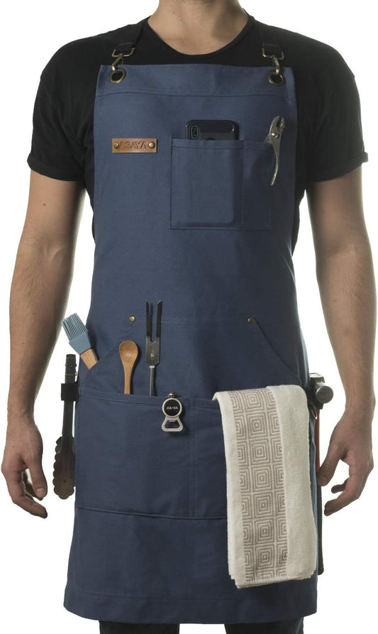 Asaya Chef and BBQ Apron with Bottle Opener and Hand Towel - 10oz Cotton Canvas, Stainless Steel Hardware - Cross Back Straps