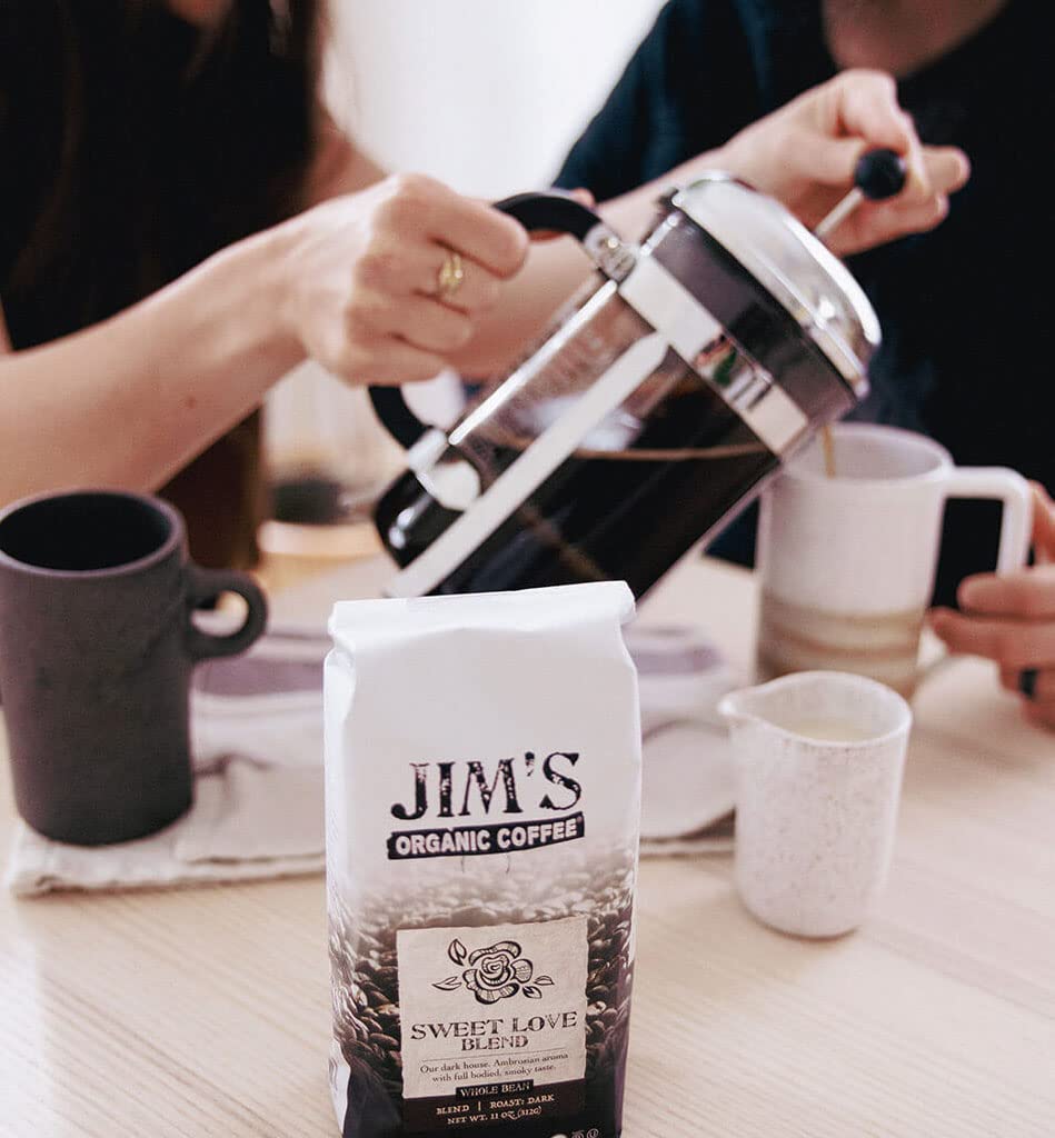Jim’s Organic Coffee – Sweet Love Blend – Ground - Dark Roast, Bold 11 oz Bag - Certified Organic, Regeneratively Grown, Ethically Traded, Shade Grown Coffee