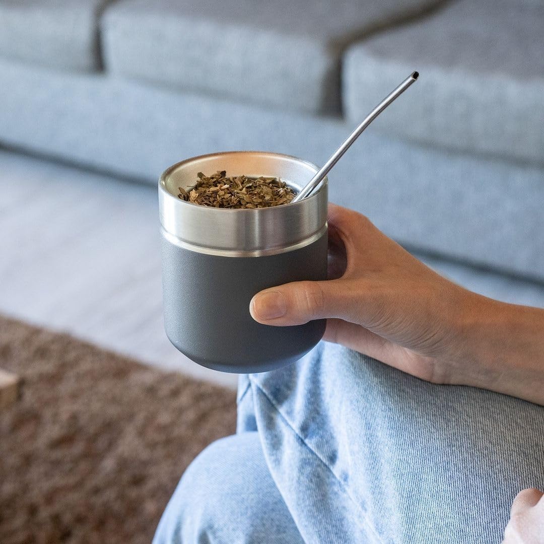 Matte 6.5 oz Yerba Mate Gourd and Bombilla Set - Includes DS Pro Box - BPA Free Yerba Mate Set Kit with Mate Straw, Elegant Design, Non-Slip Base (Grey)