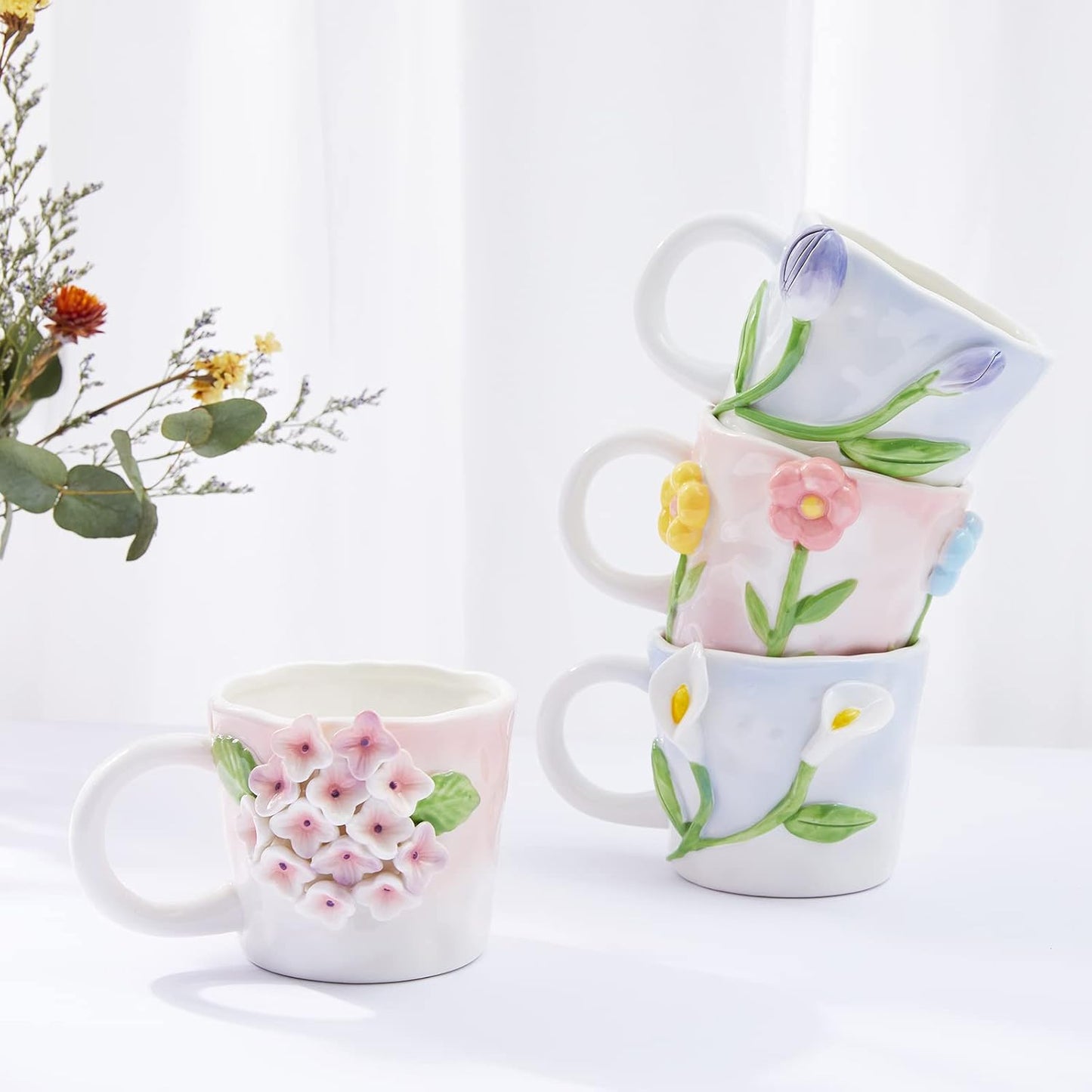 3D Flower Coffee Mug Pink Tulip Ceramic Cup,12 oz Cute Handmade Mugs,Christmas Birthday Surprise for Friends Family or Flower Lovers (Pink Tulip)