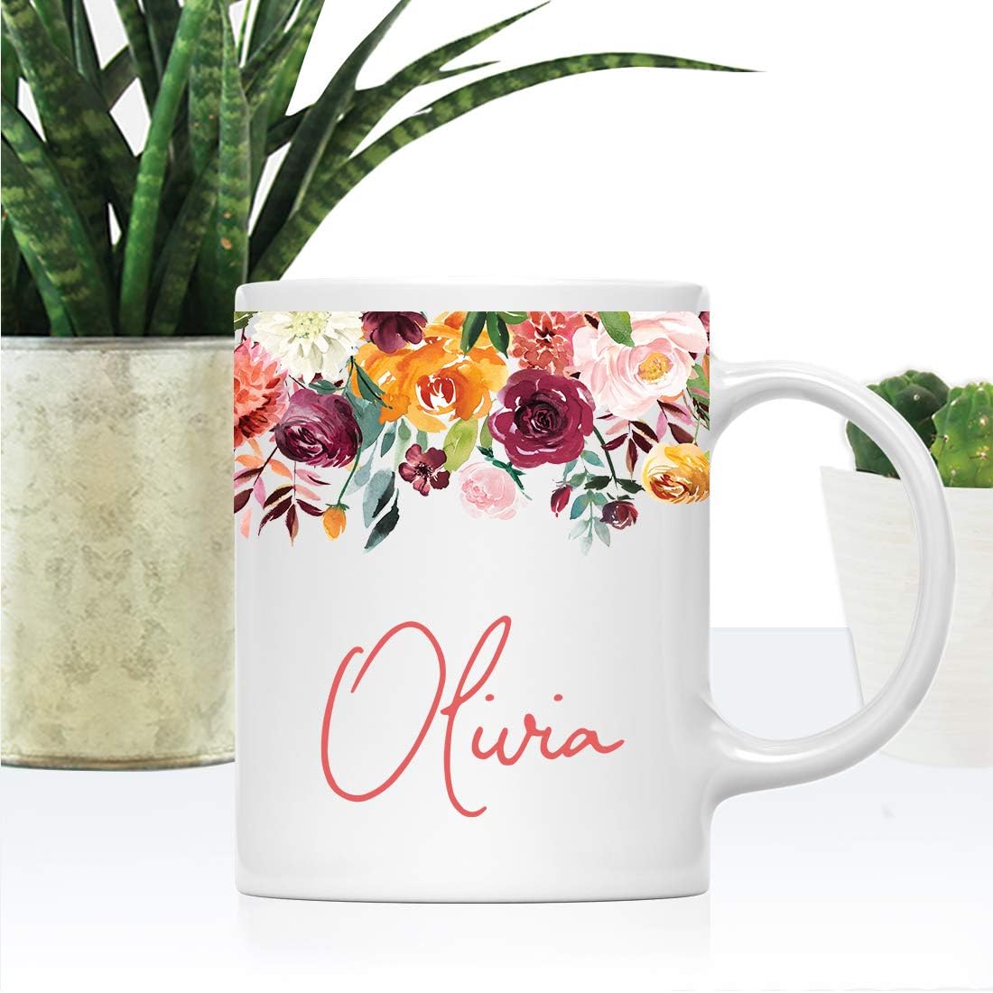 Andaz Press Personalized 11oz. Wedding Ceramic Coffee Tea Mug Bridesmaid Gift, Fall Autumn Burgundy Orange Peach Flowers Roses Florals, Olivia, 1-Pack, Includes Gift Box, Custom Name